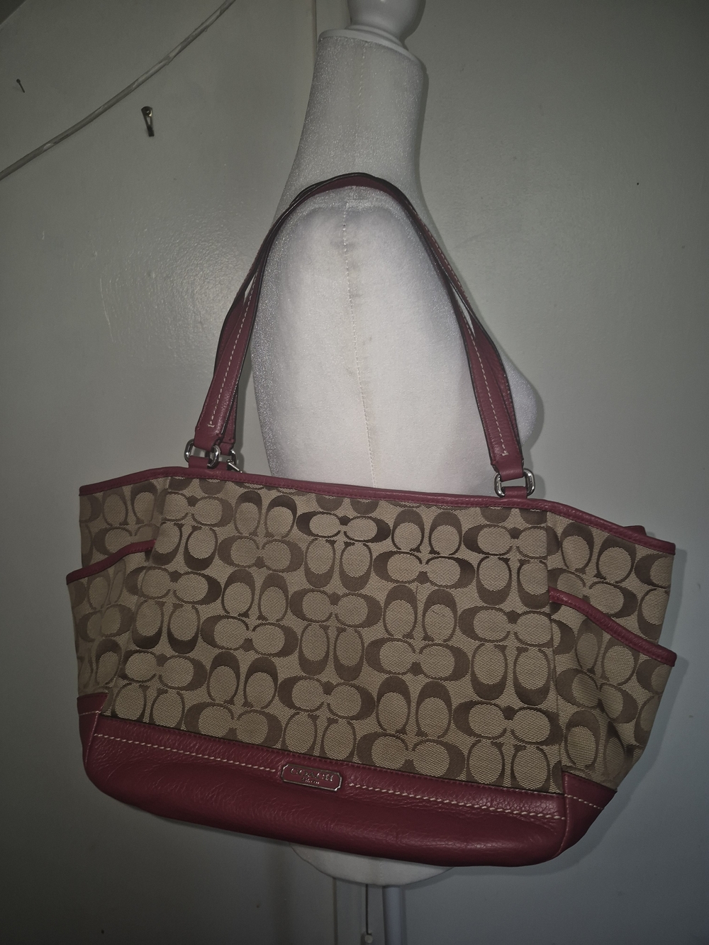 Coach Tan Signature Canvas Tote with Pink Trim